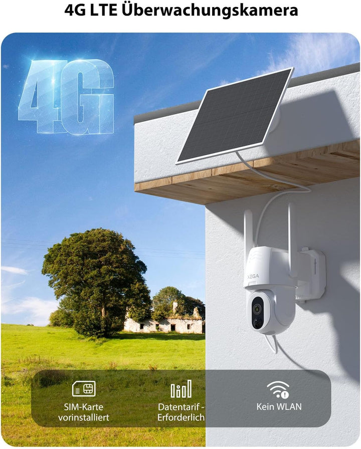 Xega 4G LTE Überwachungskamera mit SIM Karte, Kabellos Solar PTZ IP Kamera Outdoor, Kein WLAN Erford