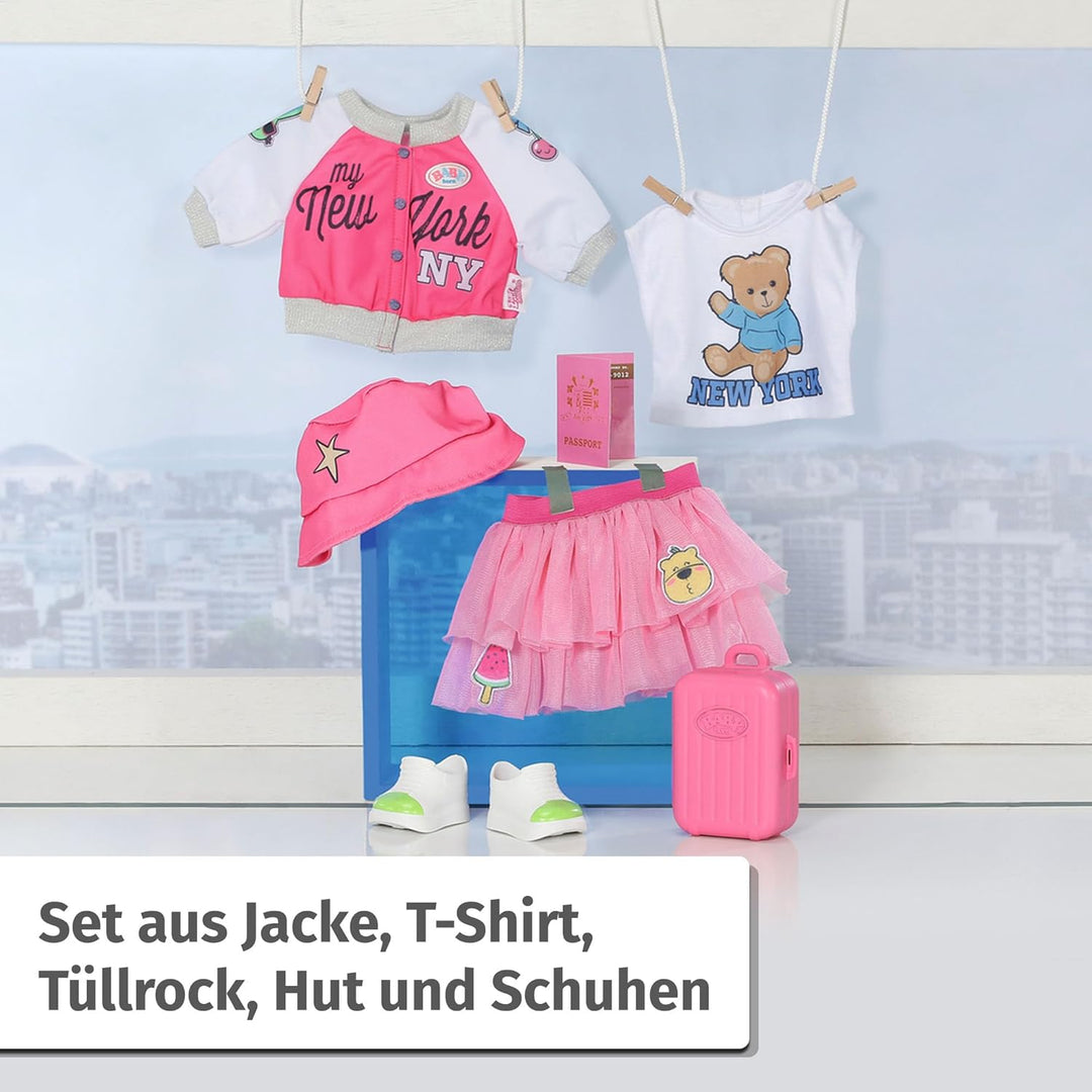 BABY born Deluxe Reiseoutfit mit Puppenkleid, Hut, Schuhen, Reisepass und Koffer für 43cm Puppen, 83
