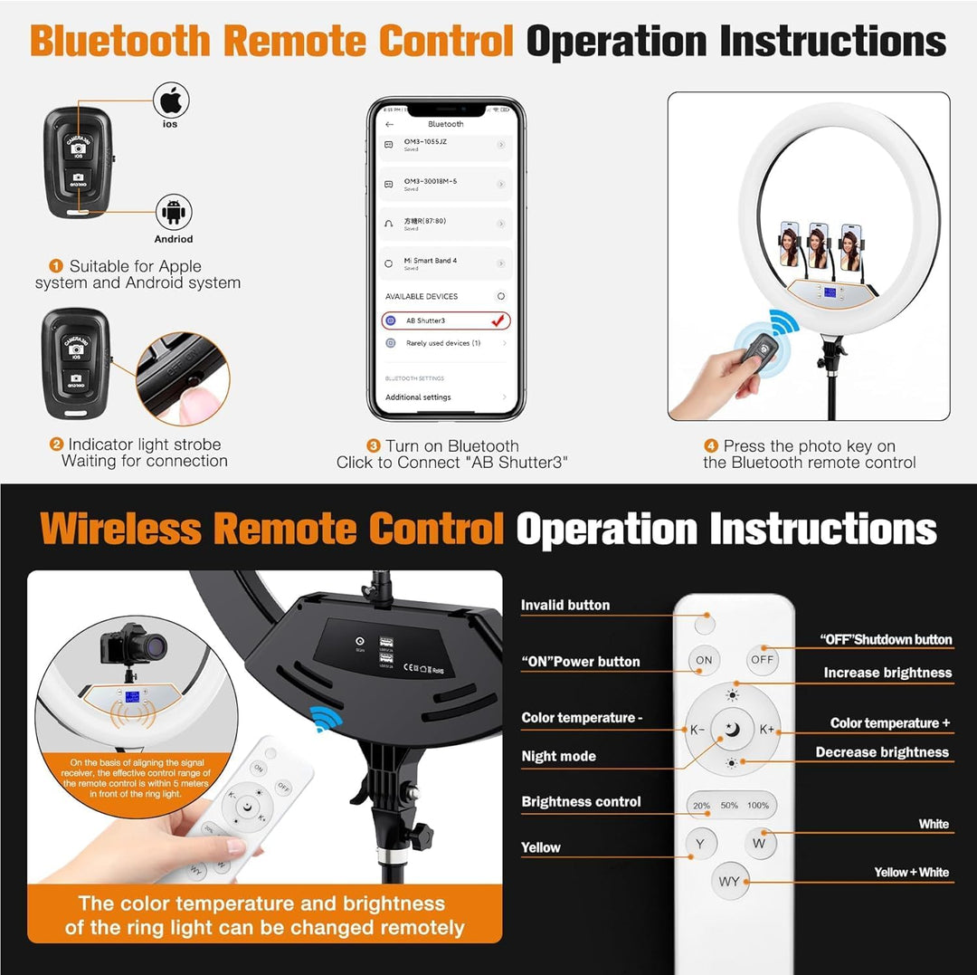 22-Zoll LED Ringlicht mit Stativ für iPhone/iPad, LCD-Display, 2600K-6500K Dimmbare, mit Bluetooth F