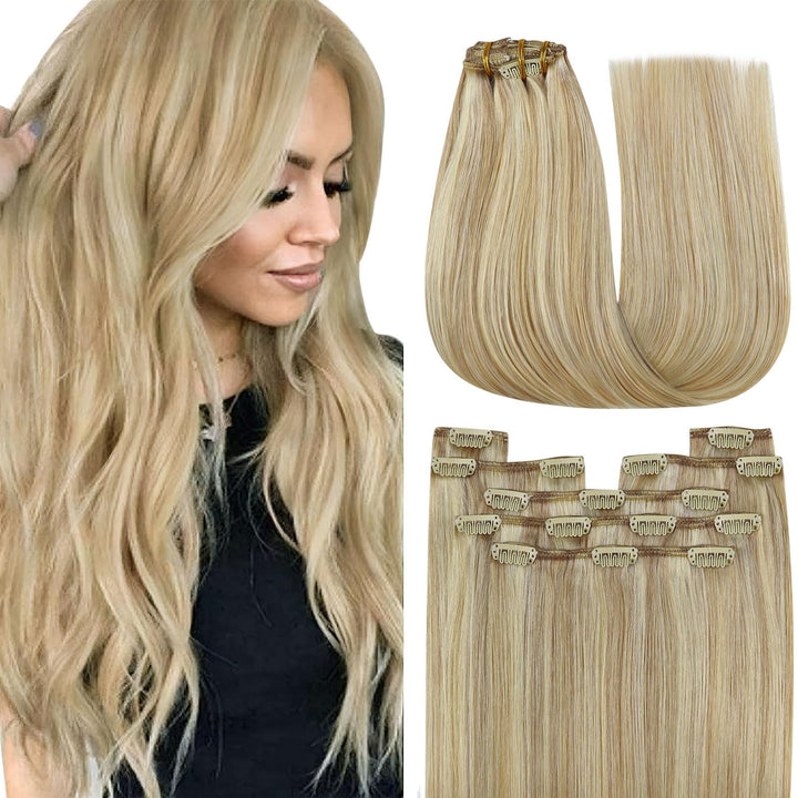 YoungSee Clip in Extensions Echthaar Clip in Extensions Echthaar Goldblond Strahnchen Mittelblond Cl