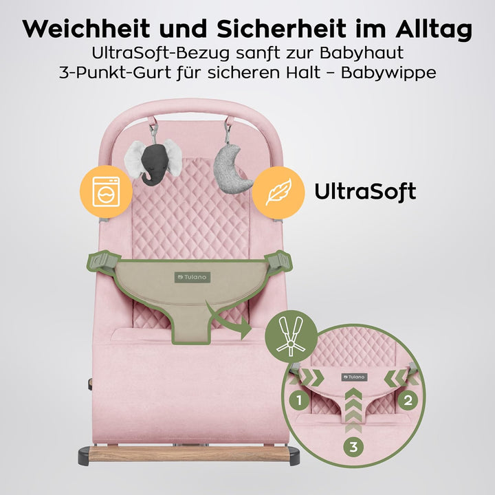 Tulano Moon 30 - Babywippe - Babyschaukel für Kleinkinder - Rose | Maximales Gewicht 9 kg - Spielbog
