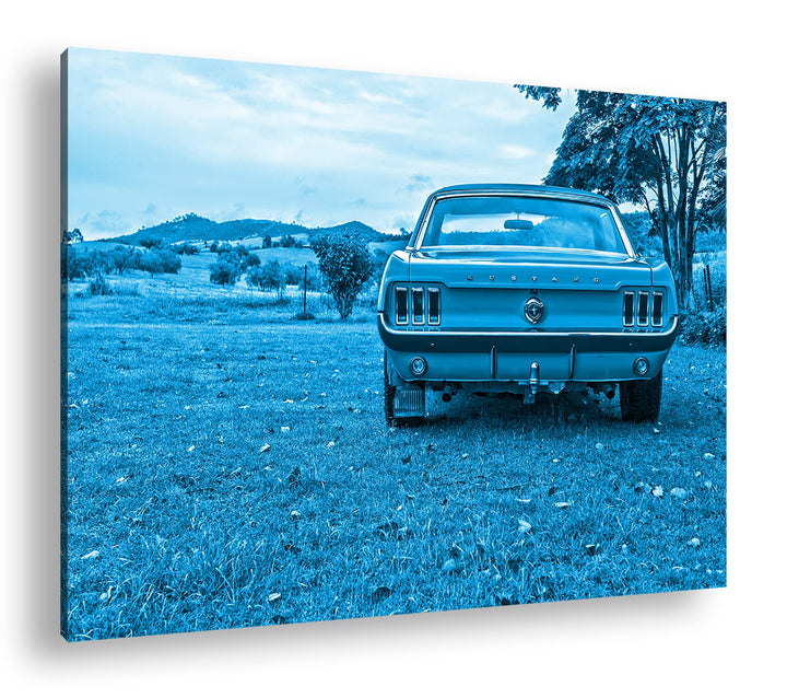 deyoli alter Mustang Format 100x70 Effekt: Monocrome Blau als Leinwandbild, Motiv fertig gerahmt auf