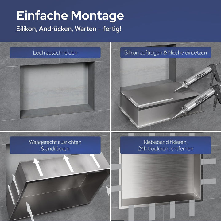 VILSTEIN Wandnische Dusche 30x90 cm [ROSTFREI] - Randlose Duschnische - Wandnische Silber - Einbaure