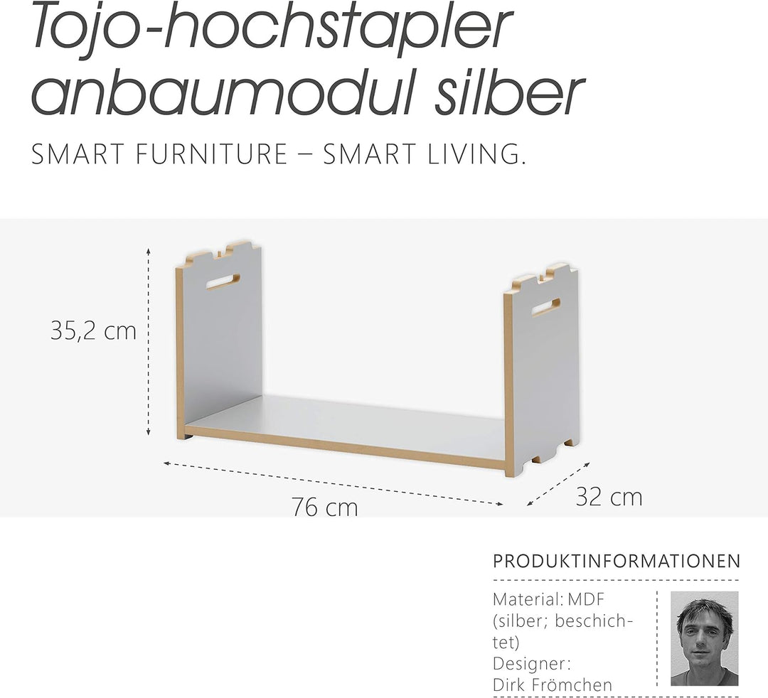 Tojo 151011049 Hochstapler - Anbaumodul für modulares Regalsystem - Silber - Grundmodul für ein indi