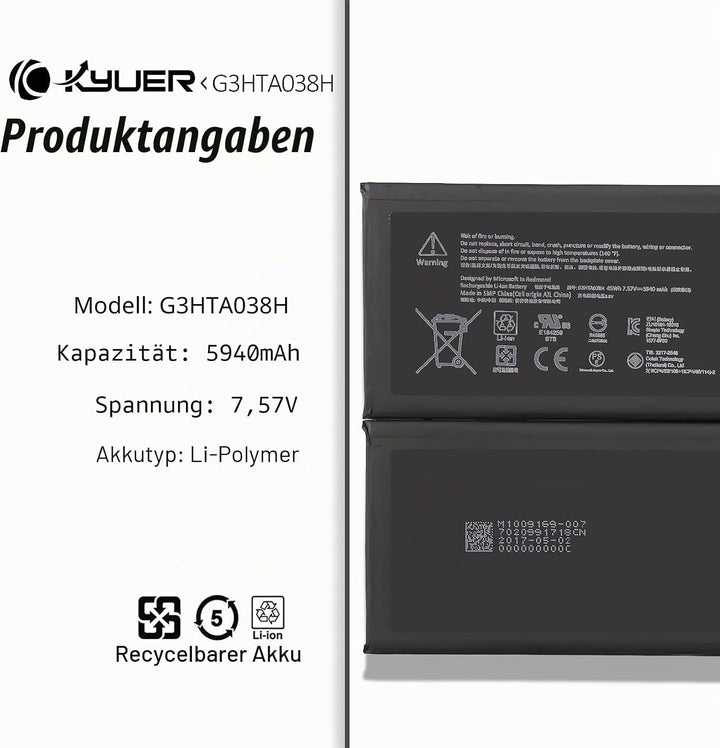 K KYUER G3HTA038H DYNM02 Tablette Akku Compatible with Microsoft Surface Pro 5 5th 1796 2017/Surface