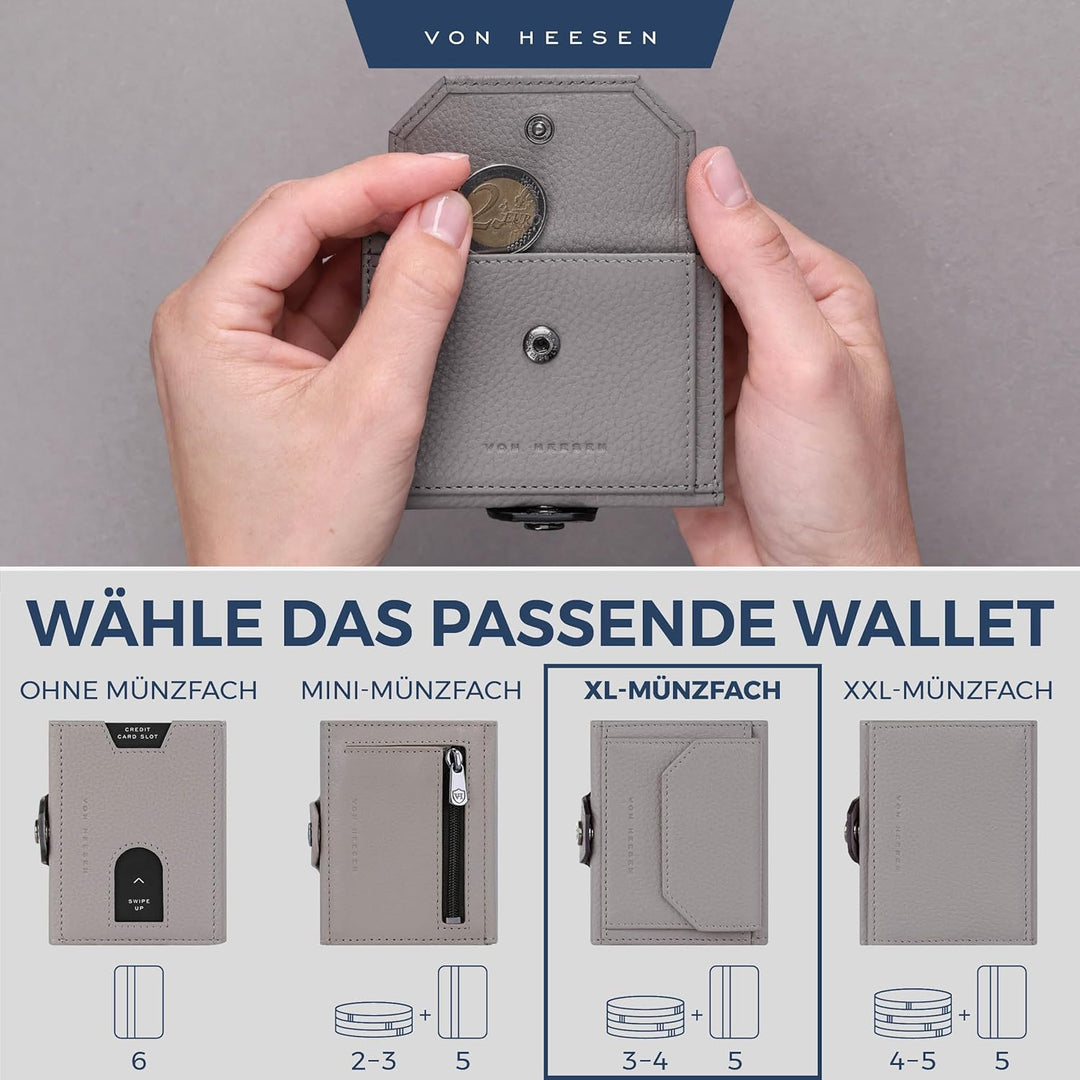VON HEESEN Slim Wallet mit XL Münzfach &amp; RFID Schutz - Leder Geldbörse Herren klein - Mini Geldbeute