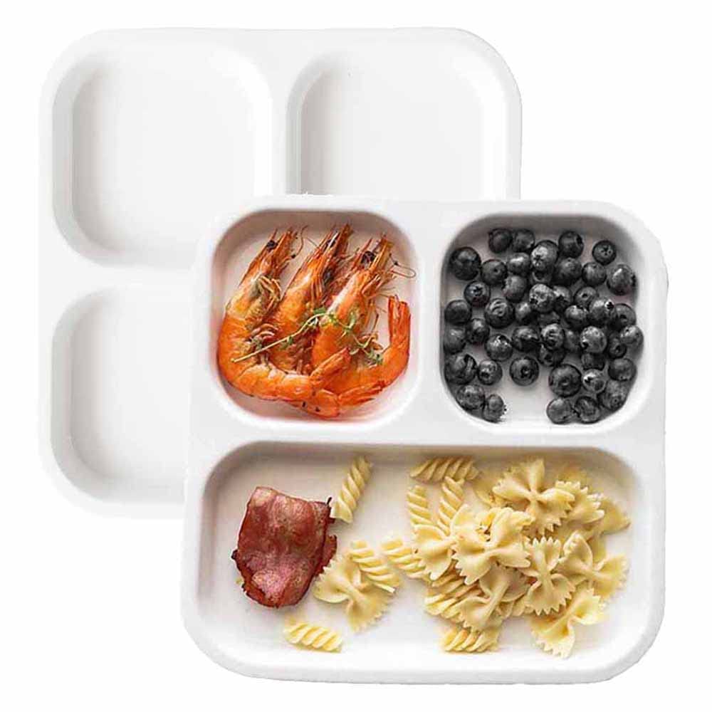 TAMUME Weisser Porzellanteller mit 3 Fächern, Portionskontrollteller mit Fächern für Erwachsene, 2er