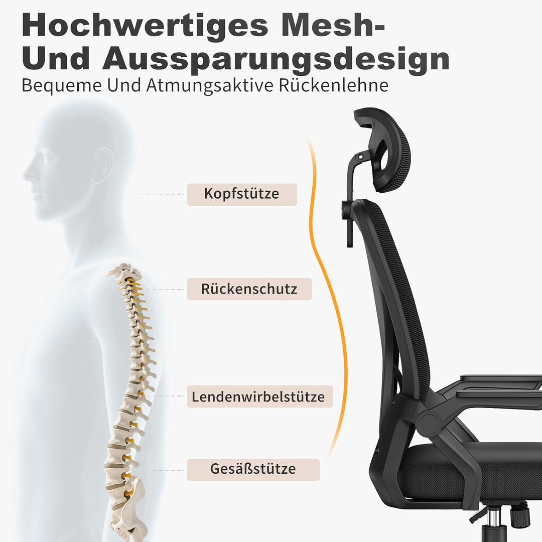 naspaluro Bürostuhl, Schreibtischstuhl mit Mesh, Lenden- und Kopfstütze, Drehstuhl mit 90° Klappbare