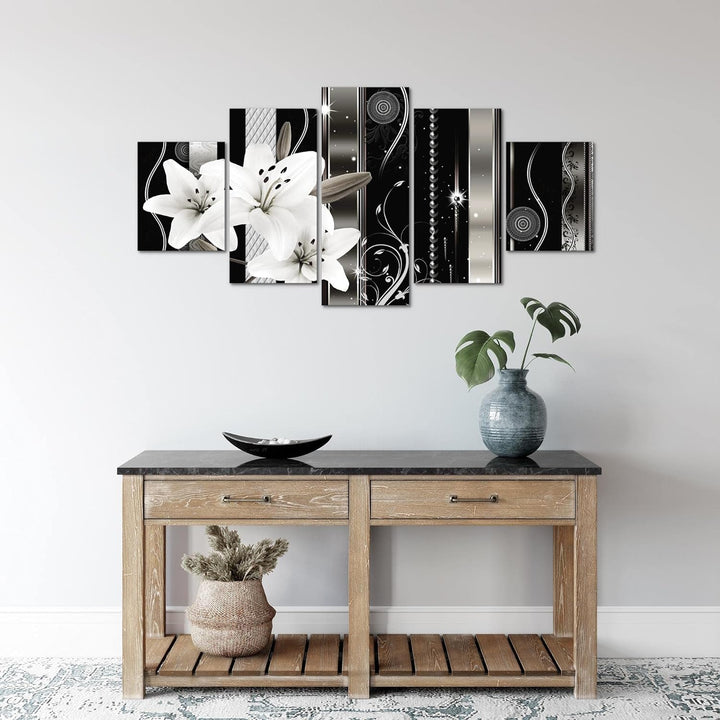 Runa Art Wandbilder Blumen Lilien 5 Teilig Bild auf Vlies Leinwand Deko Wohnzimmer Abstrakt Grau 008