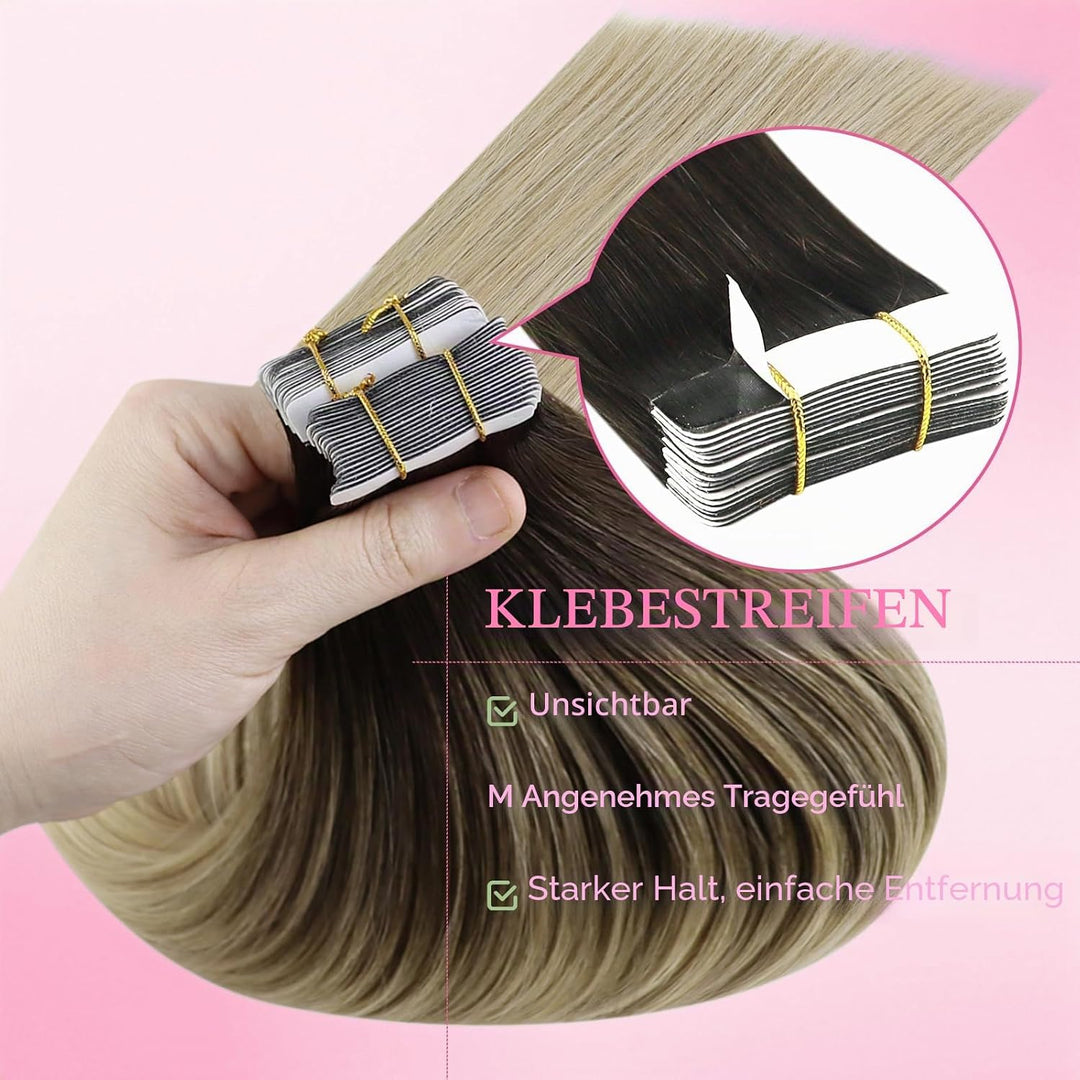 YoungSee Tape Extensions Echthaar Balayage 40 cm Extensions Echthaar Tape Dunkelbraun Ombre Braun Bl