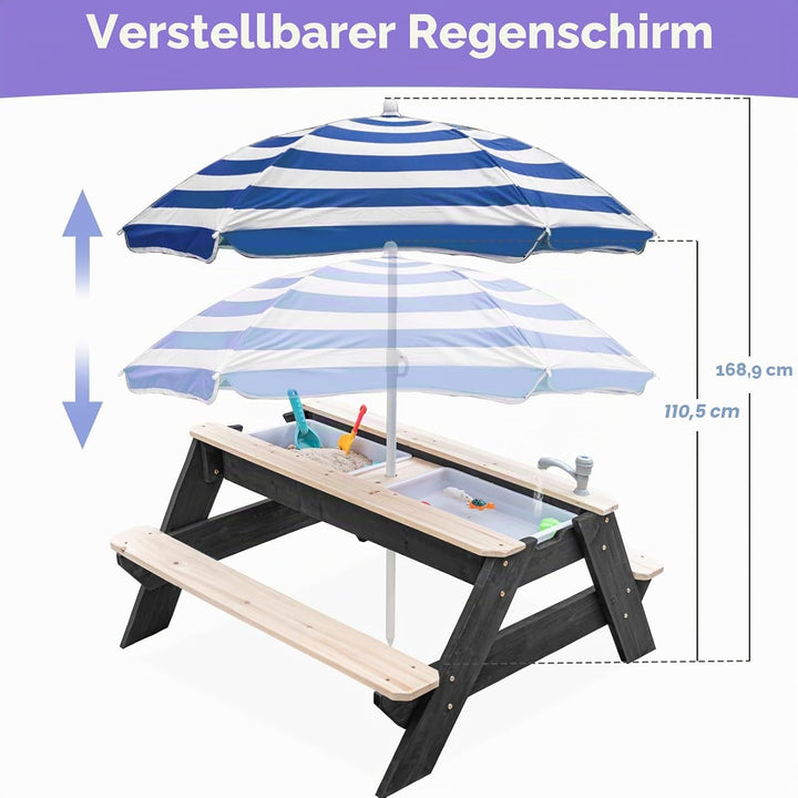 Kids 3-in-1 Sand- und Wasser-Aktivitätstisch, Holz, Outdoor, wandelbarer Picknicktisch mit Regenschi
