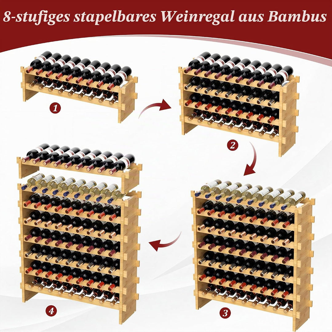 VASMIA Bambus-Weinregal Stapelbar, Freistehendes 72-Flaschen-Weinregal, Ohne Werkzeug Montage, 8-Ebe