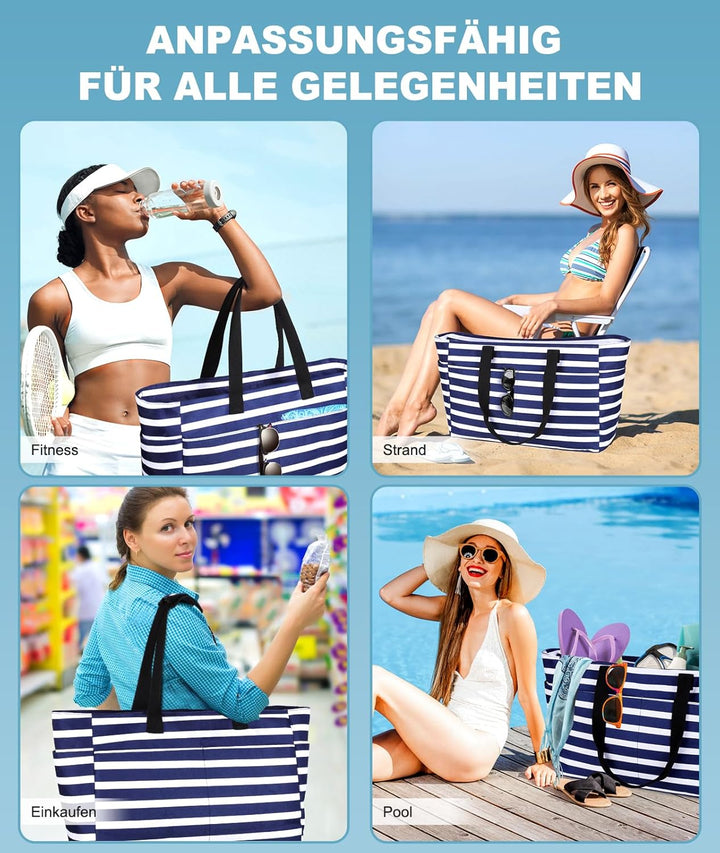 ISEYOU Strandtasche XXL Familie, Gross Strandtasche mit Reissverschluss Wasserdicht Sanddicht, Handt