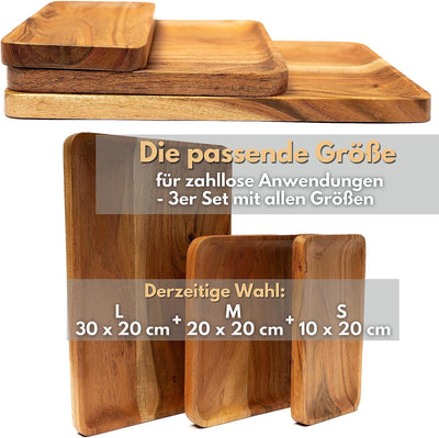 Plogis Holztablett Rechteckig aus Akazie - 3er Set aus 30 x 20 cm + 20 x 20 cm + 20 x 10 cm Holz Tab