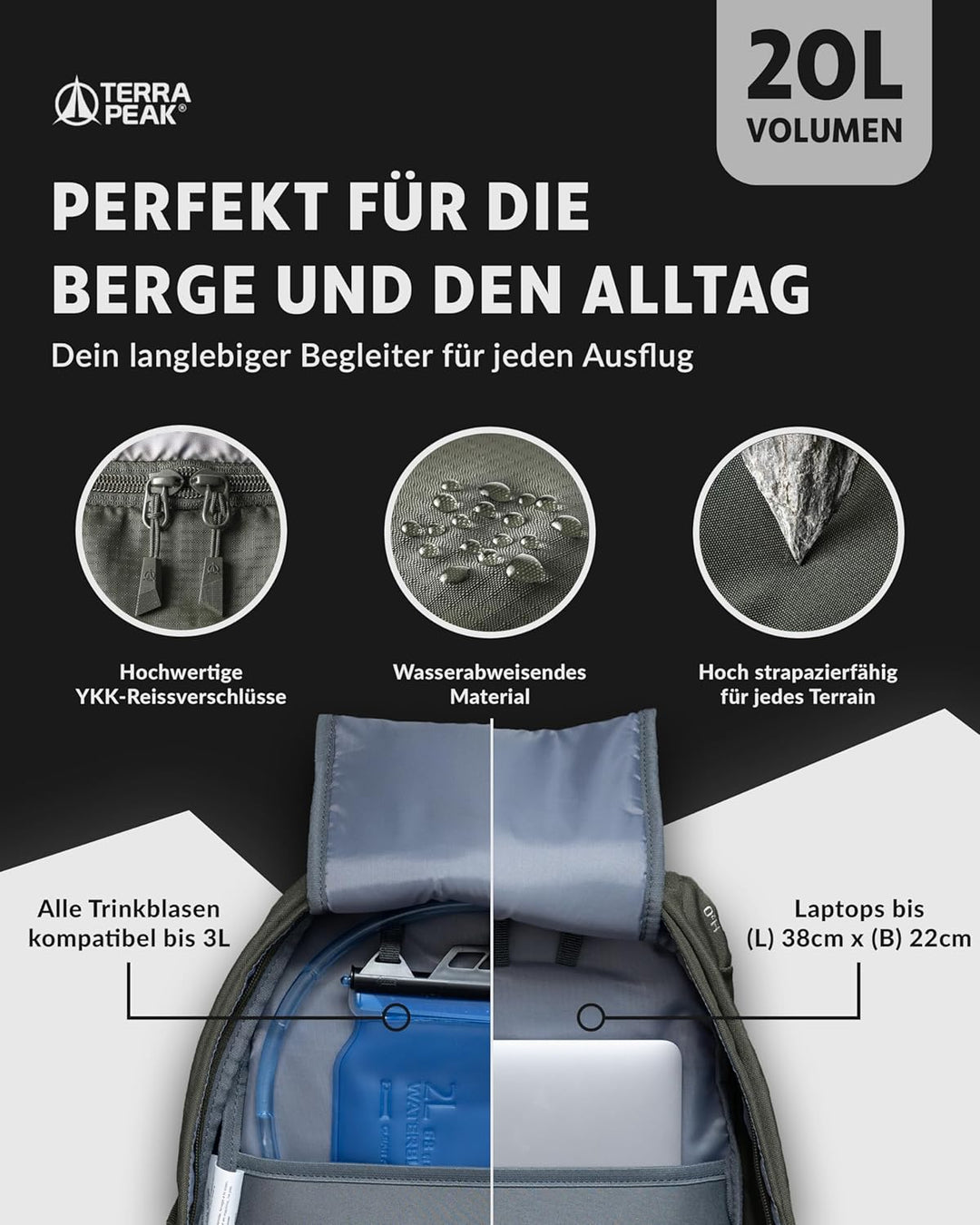 Terra Peak® Premium Wanderrucksack 20L (FLEX 20) klein mit Rückenbelüftung, Regenschutz & Trinksyste