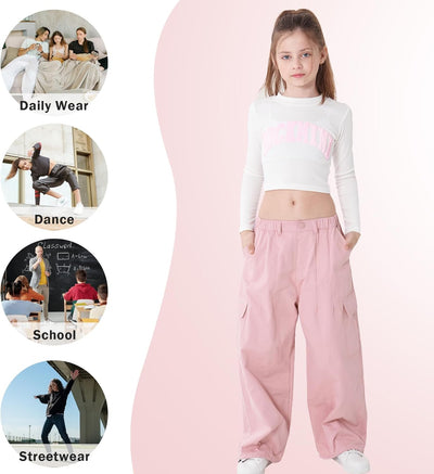 Rolanko Mädchen Cargohose, Baumwoll Baggy Hose mit Elastischer Taille und Mehreren Taschen für Kinde