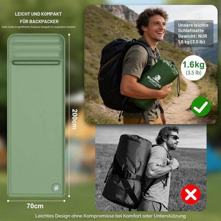 WARMTUYO Camping Isomatte, R-Wert 8,5, Extra Warme Schaumstoff-Schlafmatte mit Integriertem Kissen,