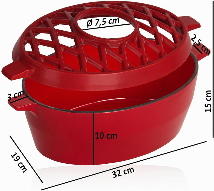 BBQ-Toro Gusseisen Luftbefeuchter emailliert | Rot, 2,7 Liter | Gusseisen-Luftbefeuchter, Wasserverd