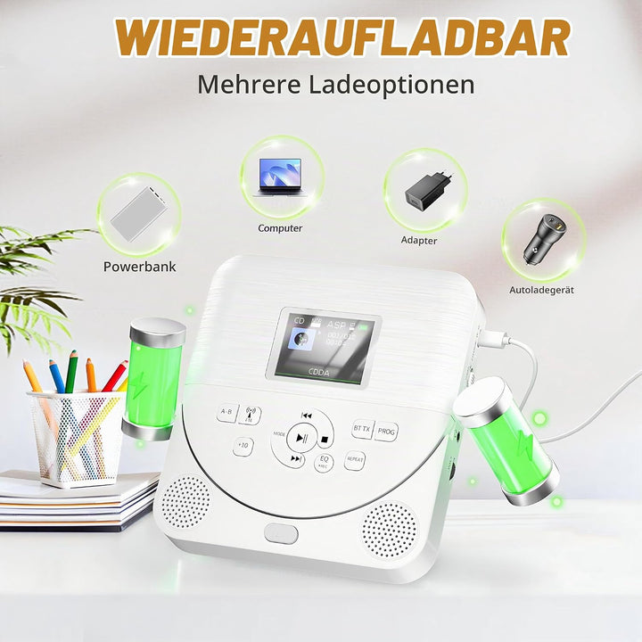 CD Player Tragbar, FELEMAN CD Player Bluetooth mit Lautsprecher/Wiederaufladbar Batterie/Display/Kop