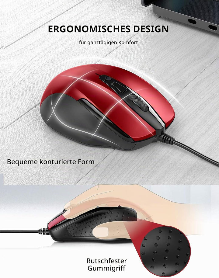 TECKNET Maus mit Kabel, Computermaus mit 6 Tasten, 6400 DPI, Ergonomisches Optical Business Kabelgeb