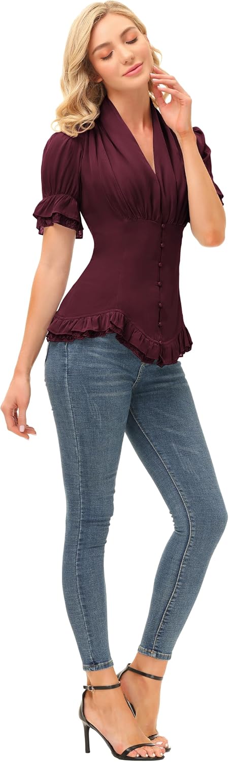 SCARLET DARKNESS Damen Rüschenbluse Mittelalter Spitzen Shirt Gothic Bluse | Kurzarm mit Rüsche, V-A