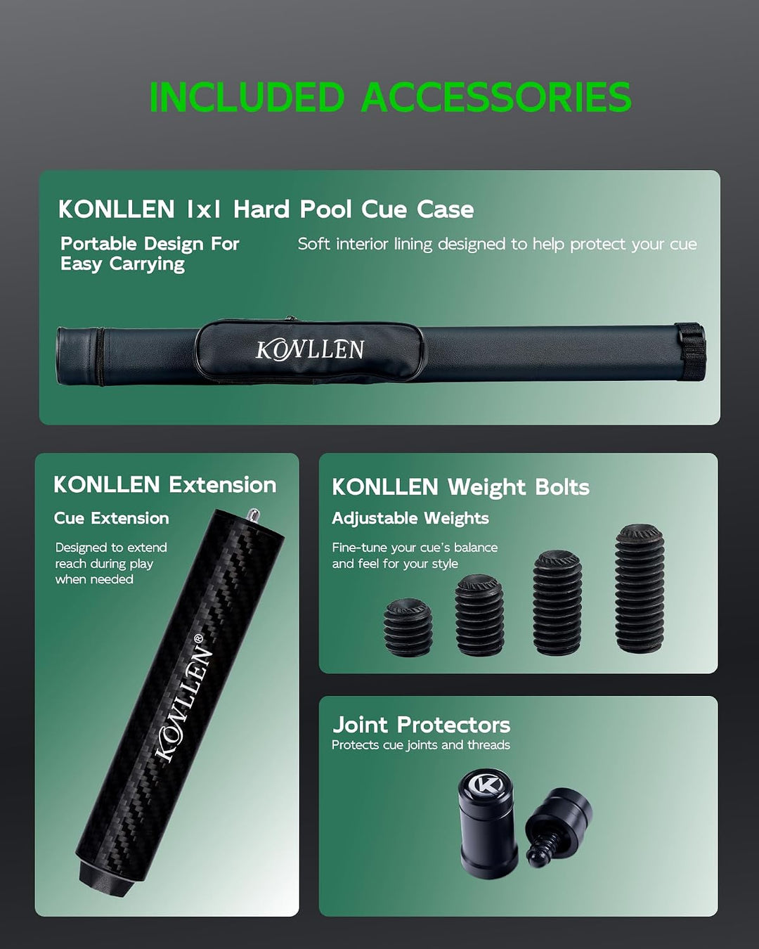 KONLLEN Karbonfaser-Pool-Queue, 147,3 cm, professionelle Poolsticks für Erwachsene, Vollcarbon-Techn
