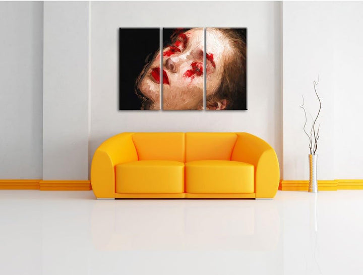 Frau mit roten Puder Pinsel Effekt 3-Teiler Leinwandbild 120x80 Bild auf Leinwand, riesige Bilder fe
