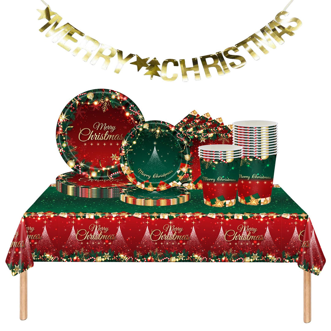 Weihnachtspapier Partygeschirr Set,70 Stück Rot Grün Weihnachtskranz Pappteller Becher, Servietten T