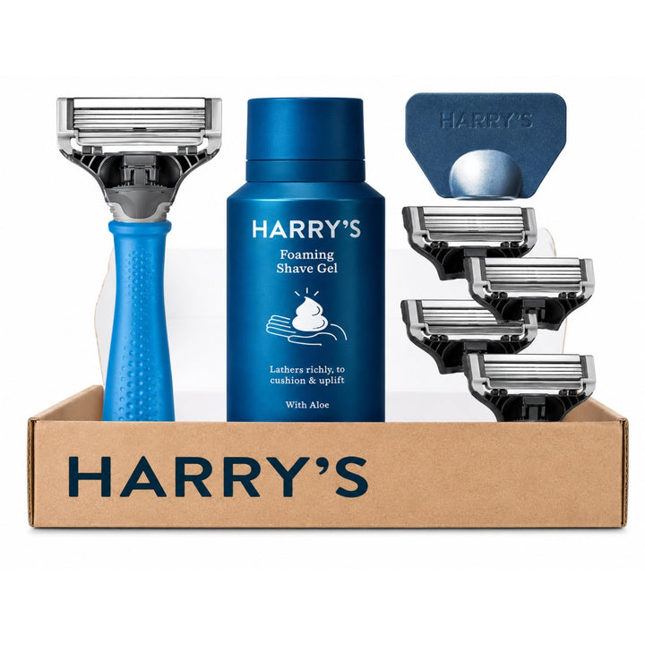 Harry’s Nassrasierer für Männer – Rasier-Set mit blauem Griff, 4 Ersatz-Rasierklingen, Reise-Klingen