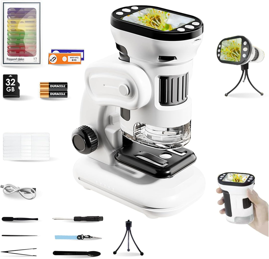 Auveach 3-in-1 Mikroskop für Kinder 1000X, USB Tragbares Digitales Mikroskop mit 2,0" Bildschirm - W