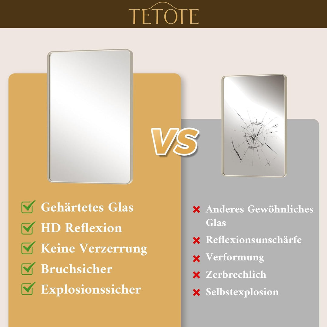 TETOTE 152x90cm Wandspiegel Nickel Ohne Beleuchtung, Rechteckig Badspiegel mit Runder Ecke, Metallra