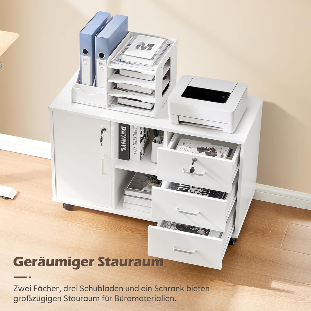 TUKAILAI Rollcontainer Abschliessbar mit 3 Schubladen, Lagerung Fach und Offene Regale, Aktenschrank