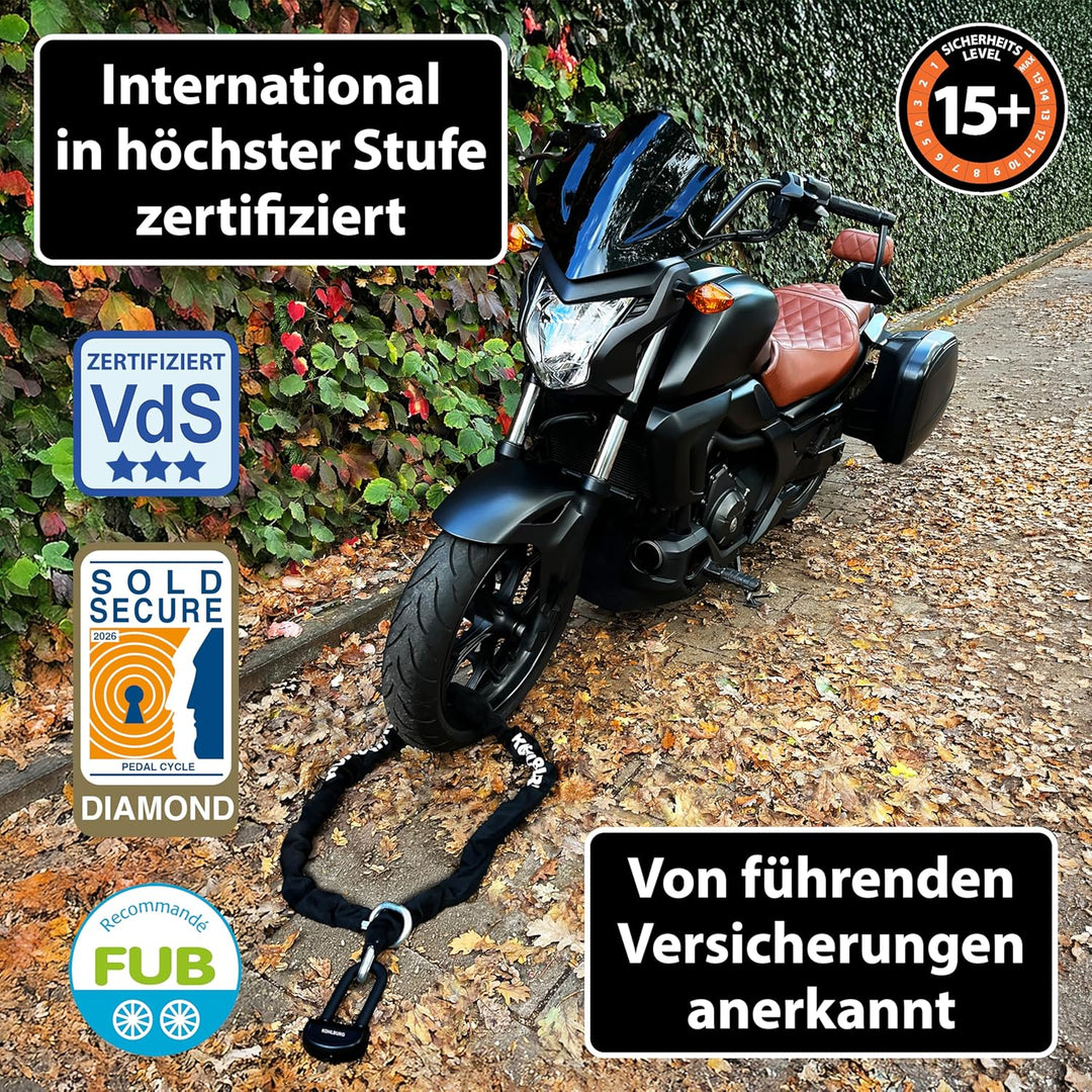 KOHLBURG 8kg massives 210cm VdS Sicherheits- Motorradschloss Typ Alcatraz, 13mm Spezialstahl-Kette,