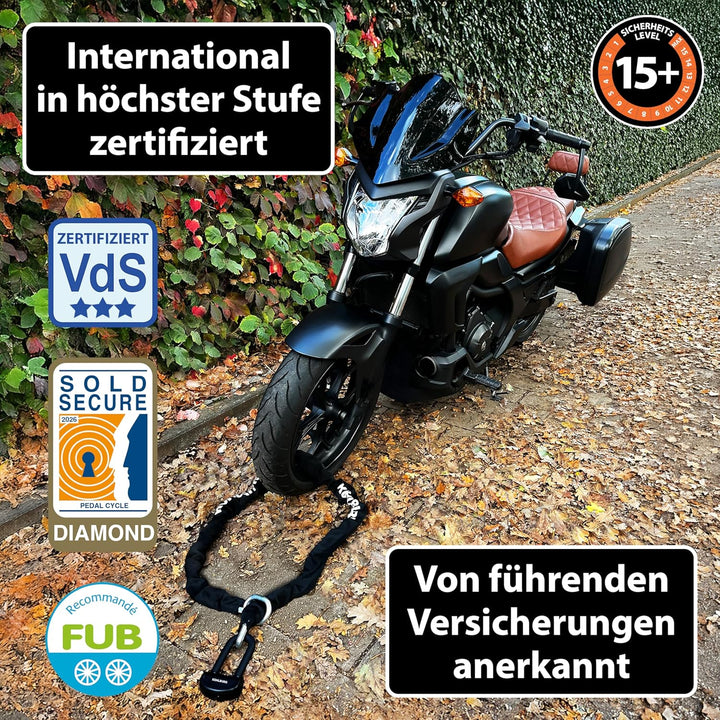 KOHLBURG 8kg massives 210cm VdS Sicherheits- Motorradschloss Typ Alcatraz, 13mm Spezialstahl-Kette,