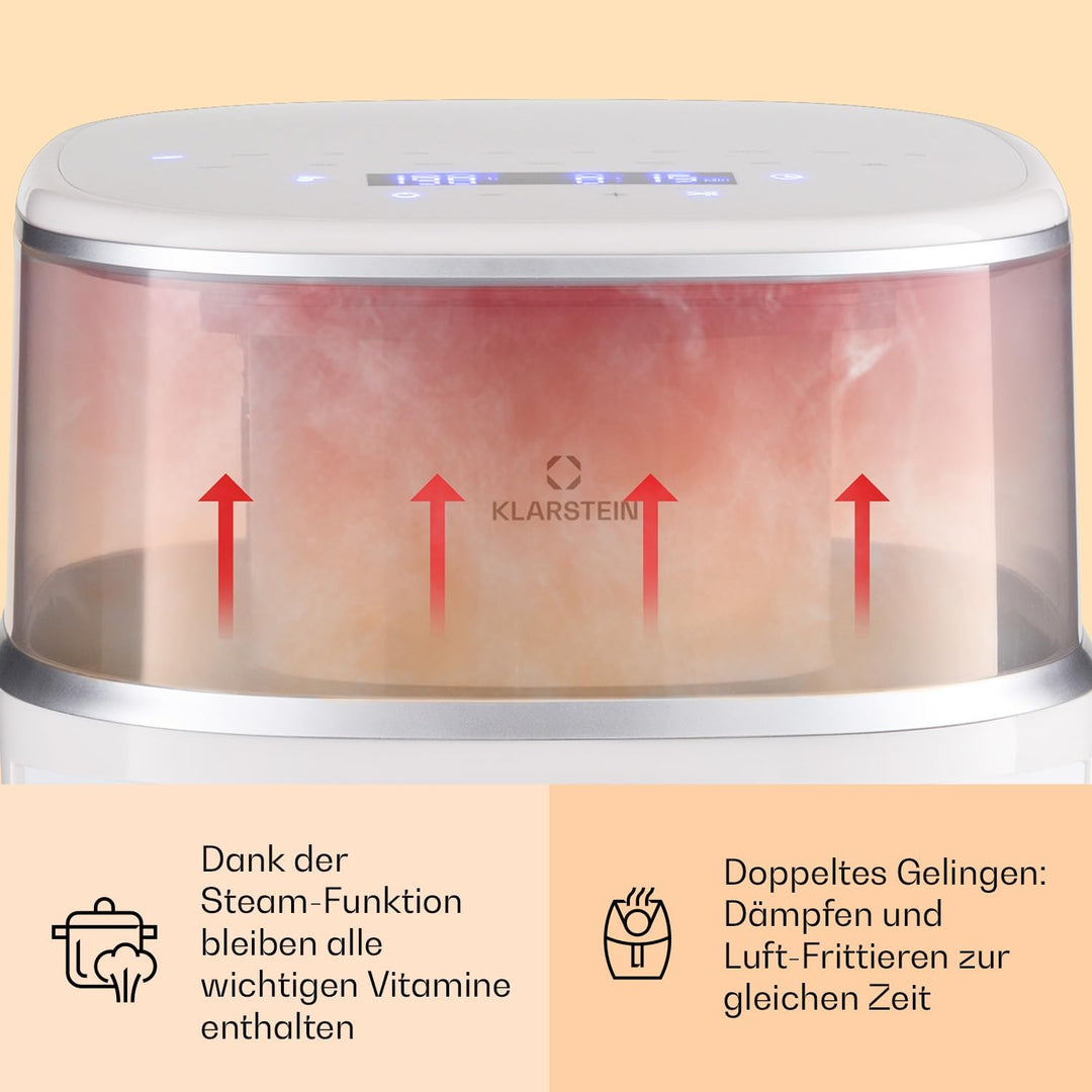 Klarstein Heissluftfriteuse, XL Air Fryer zum Frittieren, Friteuse mit Dampffunktion, Temperaturwahl