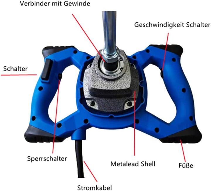 2600W Rührwerk Farb-Mörtelrührer Betonrührer,6 Variable Geschwindigkeiten, M14 Spiralstange Rührer f