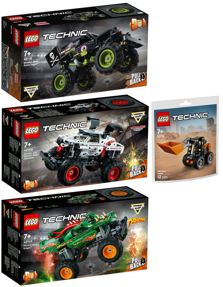 Lego Technic 4er Set: 42118 Monster Jam Grave Digger, 42149 Monster Jam Dragon, 42150 Monster Jam Mo