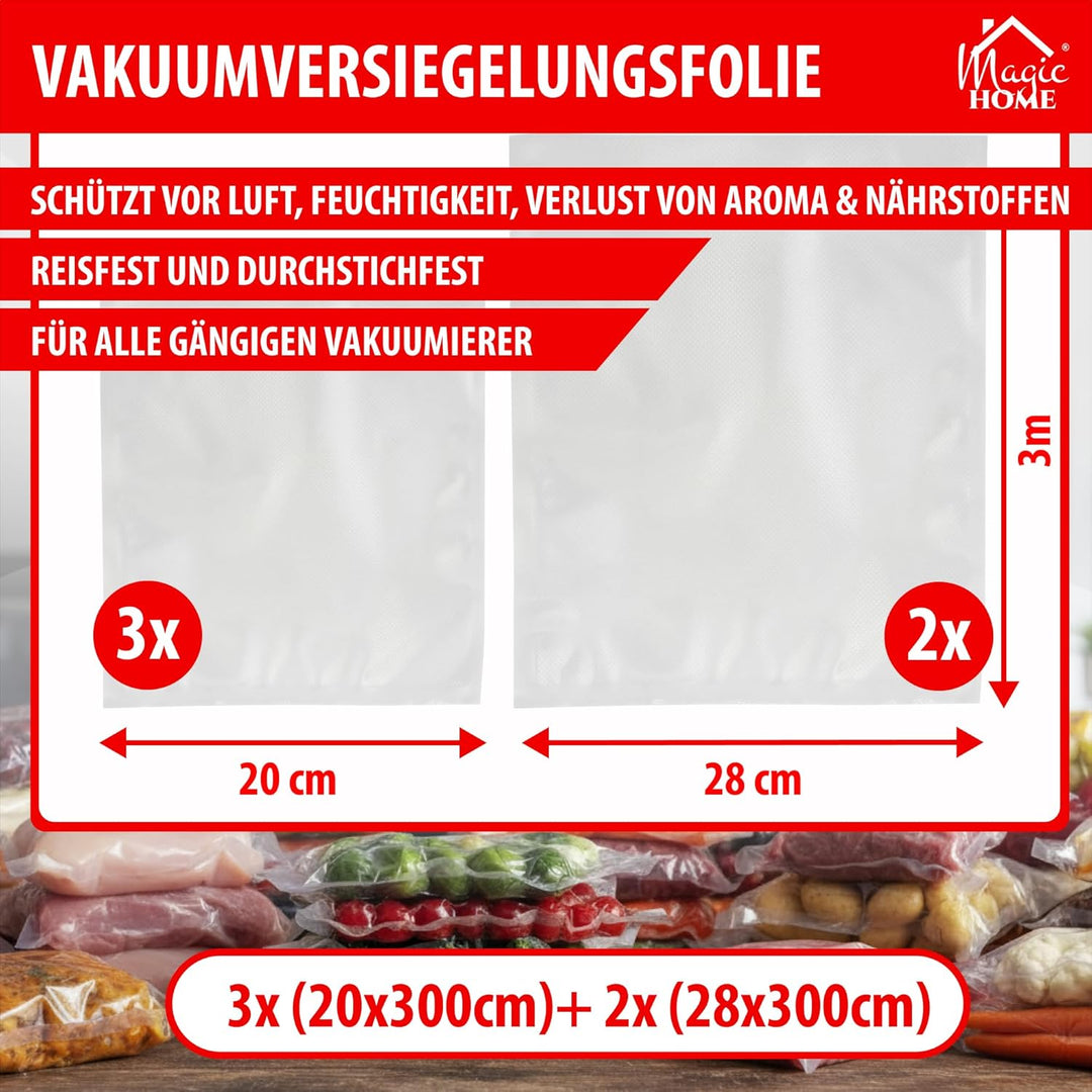 MAGIC HOME Vakuumierfolie Set - 5 Stk. | Vakuumierrollen für alle Vakuumierer | Strukturierte Folien