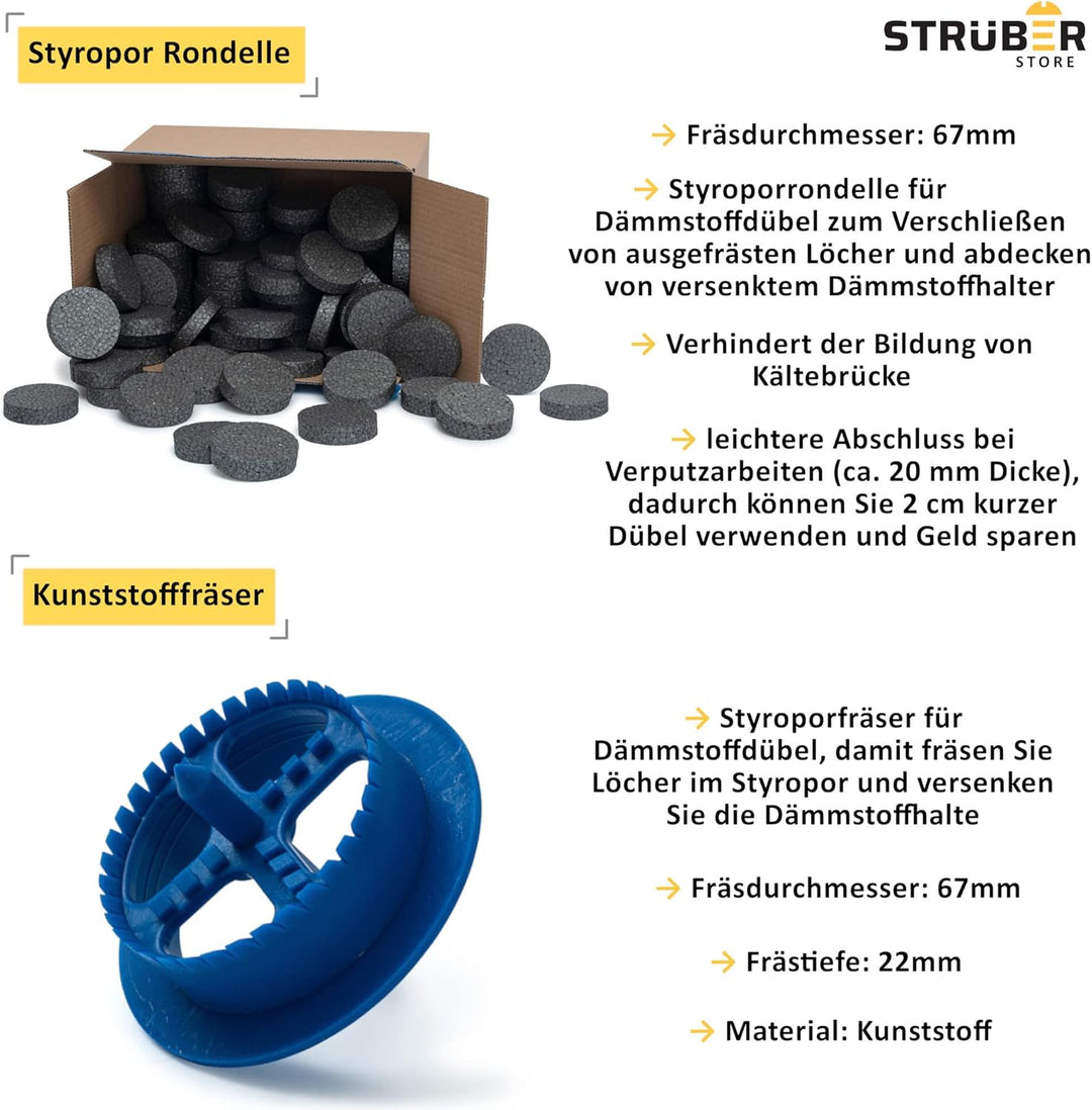 WDVS SET (Ø10x90mm Dämmstoffdübel mit Kunststoffnagel 100St + Grau Styropor Rondelle 100St + Styropo