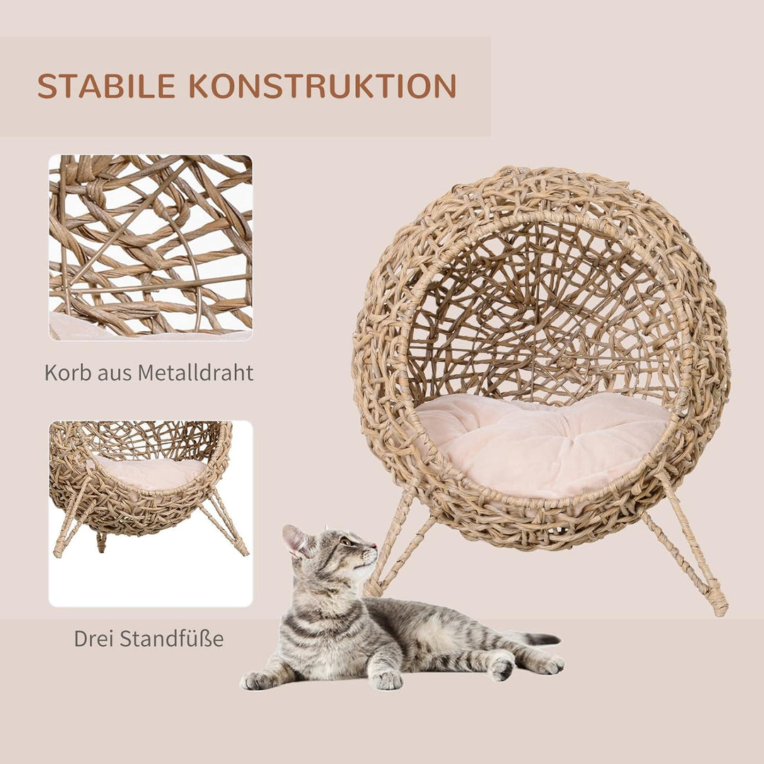 PawHut Katzenhaus aus Rattan mit Kissen Katzenschlafplatz Katzenhöhle mit erhöhten Füssen Natur Ø52