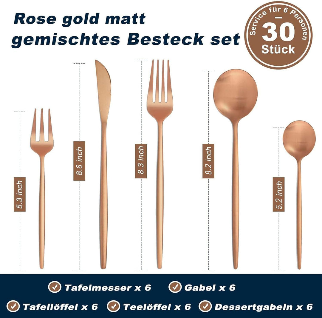 Bestdin Besteck Set 6 Personen, 30 teilig Edelstahl Besteck Roségold Matt, Essbesteck Set mit Messer