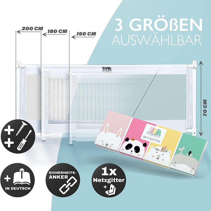 Kids Supply Bettgitter [150x80 cm]- Sicheres & höhenverstellbares Bettschutzgitter [70-90 cm]- Rausf