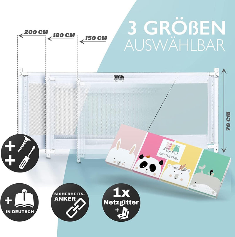 Kids Supply Bettgitter [150x80 cm]- Sicheres & höhenverstellbares Bettschutzgitter [70-90 cm]- Rausf