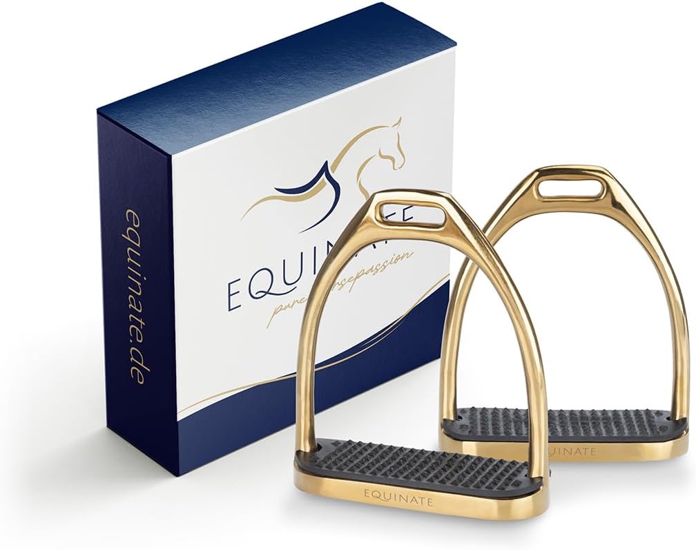 Equinate Steigbügel Luna 10cm Gold - Mit Anti-Rutsch Trittfläche aus Gummi - Für Erwachsene und Kind