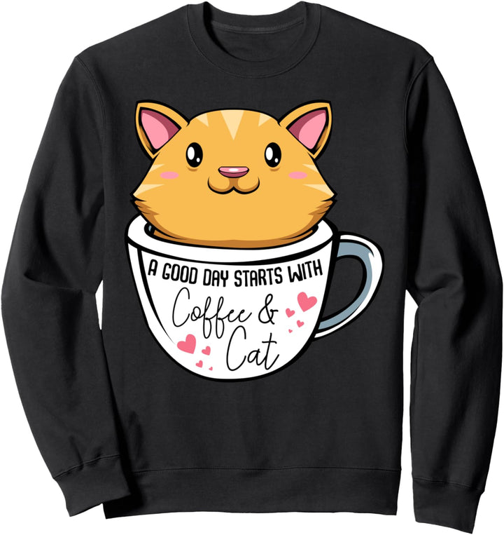 Kaffeetasse mit Katzenmotiv "A Good Day Starts With Coffee and Cat", Orange Sweatshirt