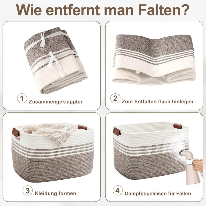 60L grosser Wäschekorb geflochten mit Lederhenkeln, Weiss-Dunkelbraun | Faltbarer Aufbewahrungskorb