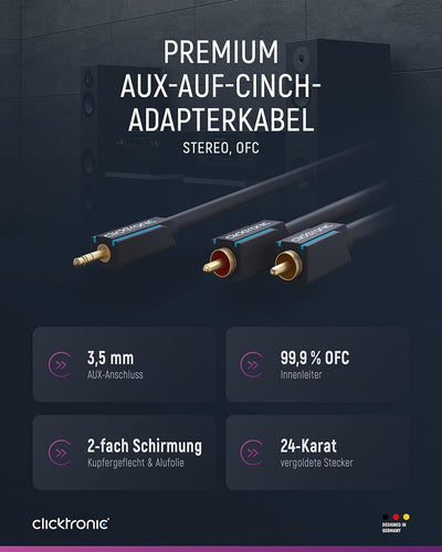 Clicktronic 3,5-mm-AUX-auf-Cinch-Adapterkabel, stereo / MP3 Audio Verlängerungskabel, Kopfhörer-Verl