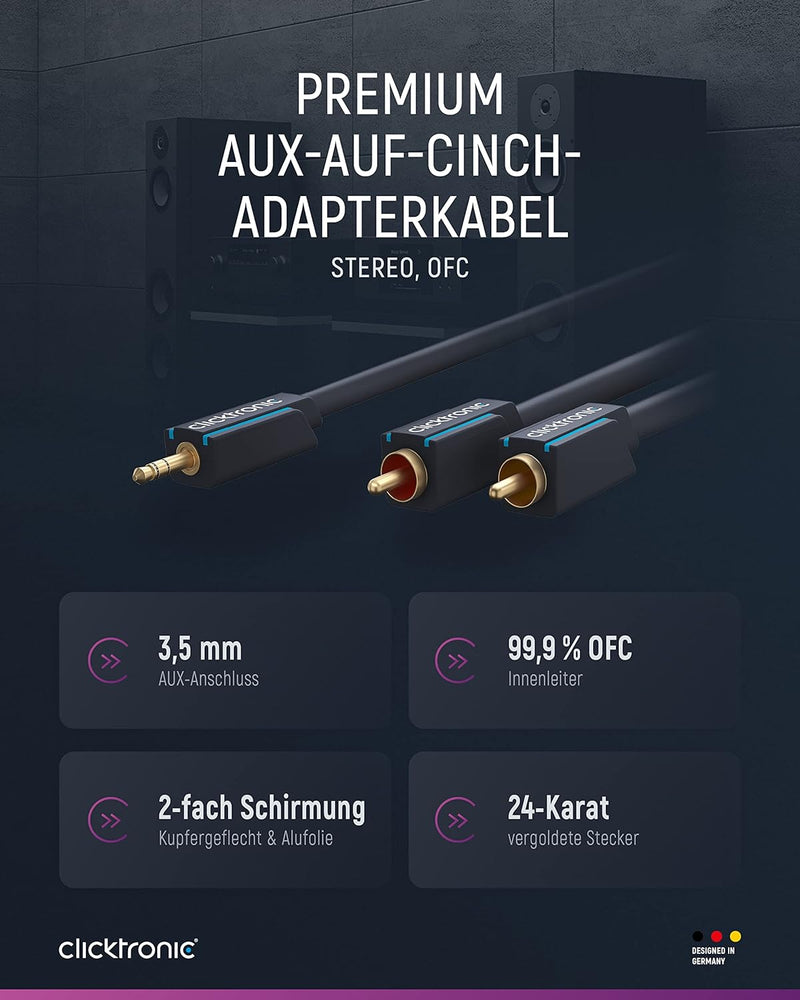 Clicktronic 3,5-mm-AUX-auf-Cinch-Adapterkabel, stereo / MP3 Audio Verlängerungskabel, Kopfhörer-Verl