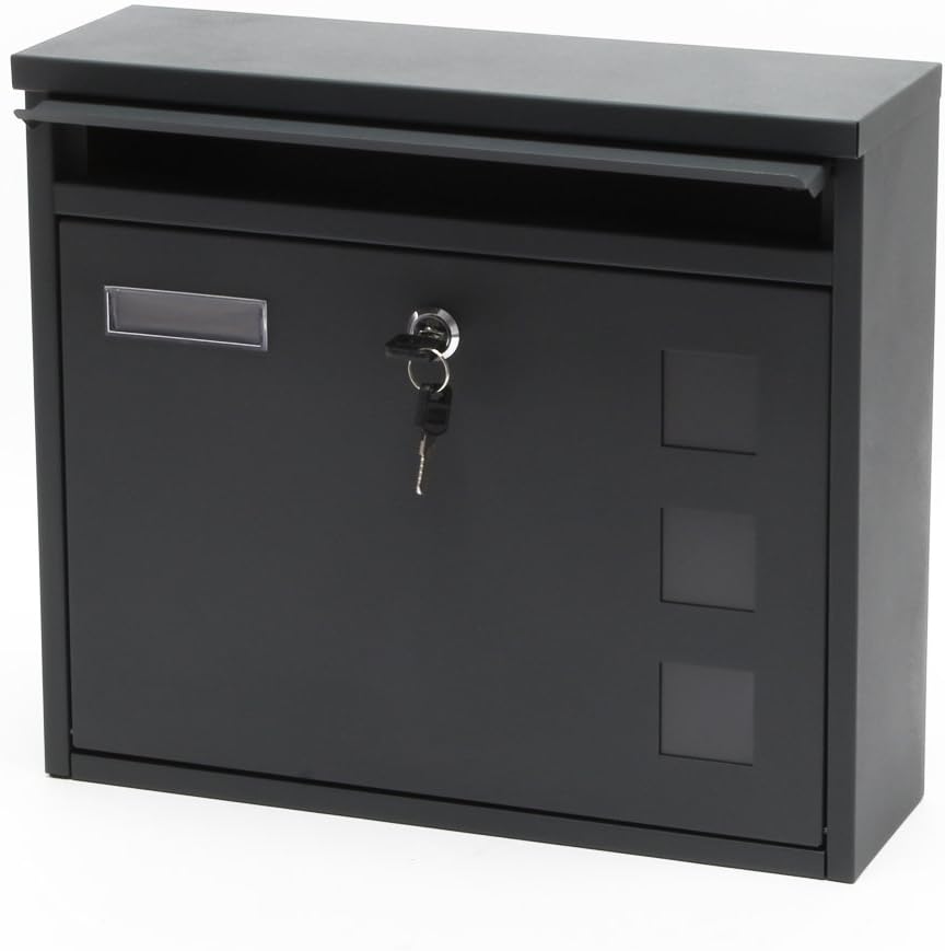 Wiltec Briefkasten V12 Anthrazit 360 x 115 x 320 mm, Wandbriefkasten mit Schloss, Sichtfenstern und