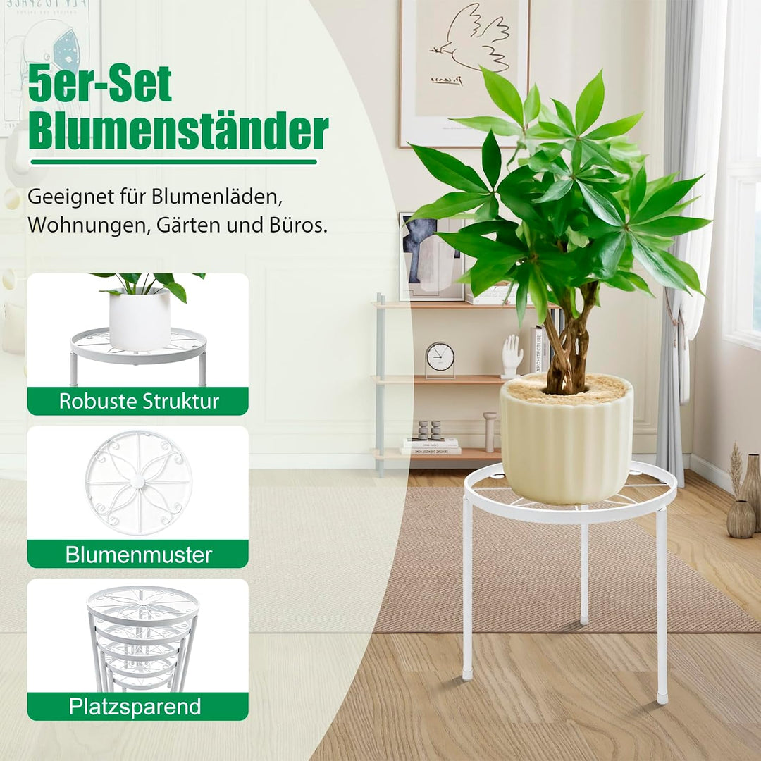 Blumenständer aus Metall, 5 Stück Weiss Pflanzenständer für Innen Aussen | Runde Pflanzenregal mit S